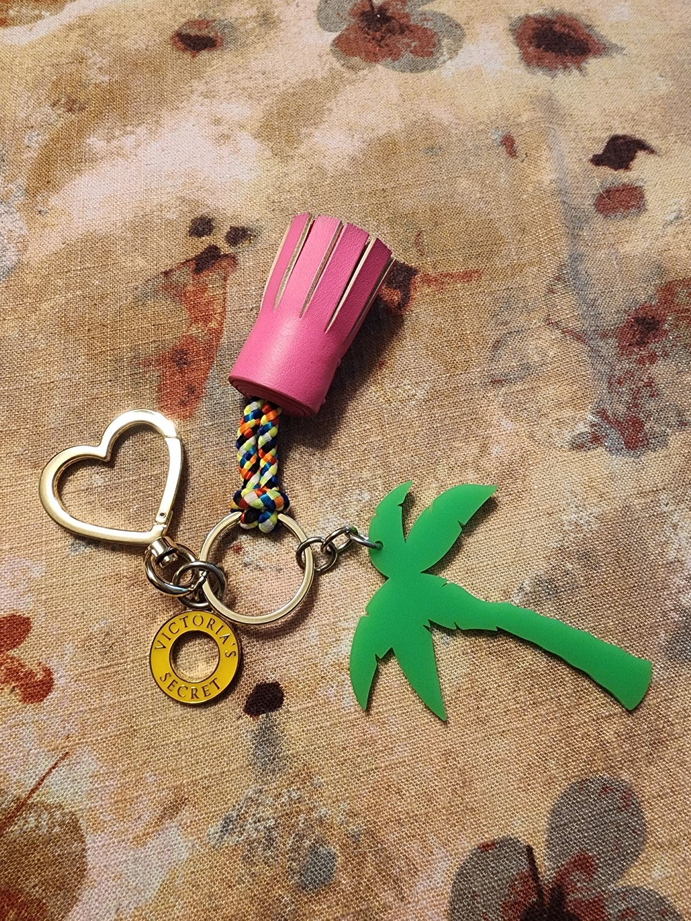 Victoria's Secret Palm Tree and Tassel Heart Keychain Pink & Green
